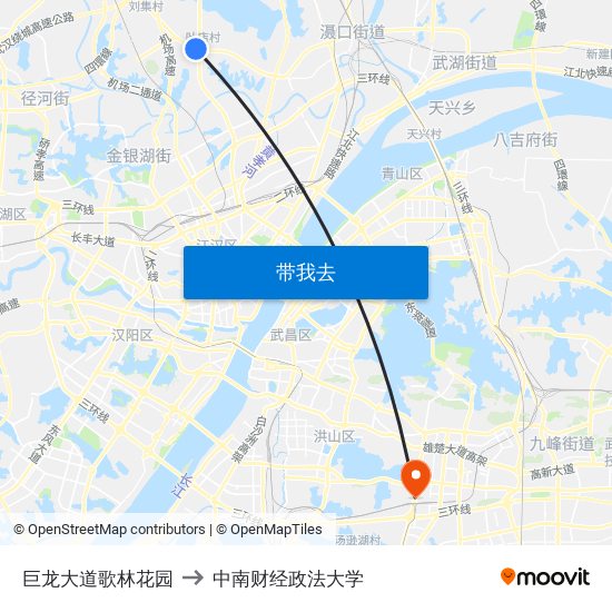 巨龙大道歌林花园 to 中南财经政法大学 map