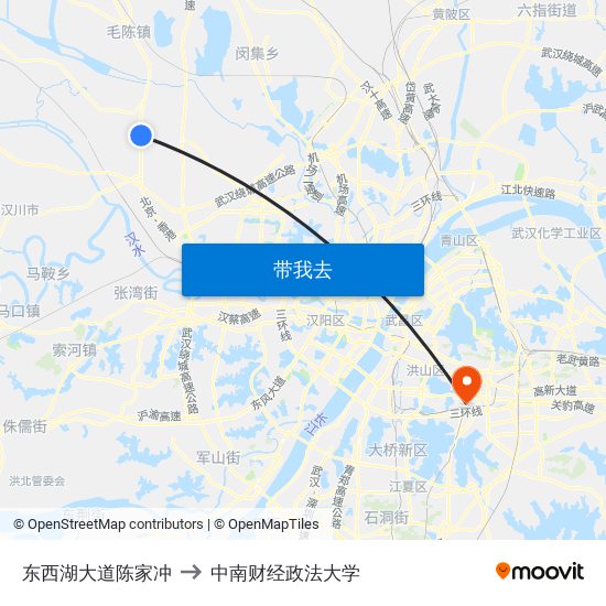 东西湖大道陈家冲 to 中南财经政法大学 map