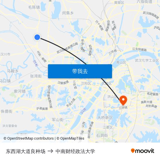 东西湖大道良种场 to 中南财经政法大学 map