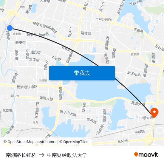 南湖路长虹桥 to 中南财经政法大学 map