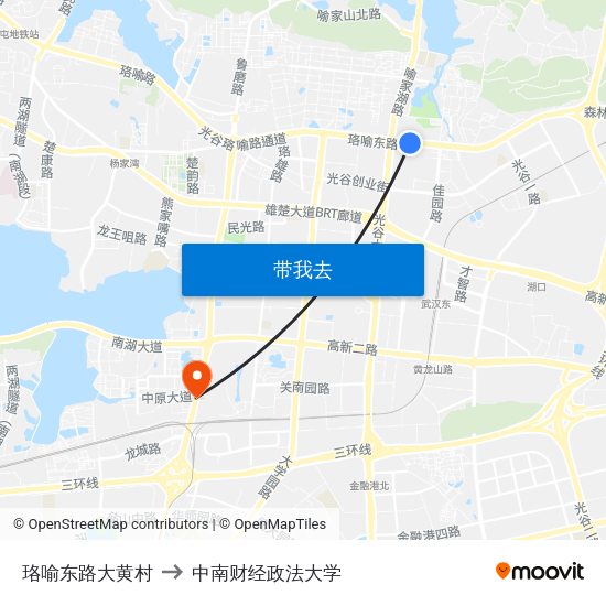 珞喻东路大黄村 to 中南财经政法大学 map
