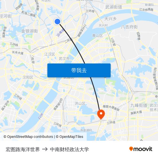 宏图路海洋世界 to 中南财经政法大学 map