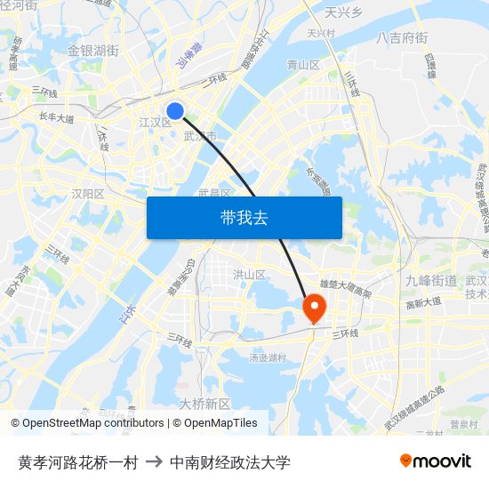 黄孝河路花桥一村 to 中南财经政法大学 map