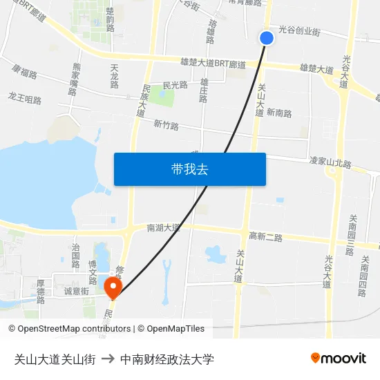 关山大道关山街 to 中南财经政法大学 map