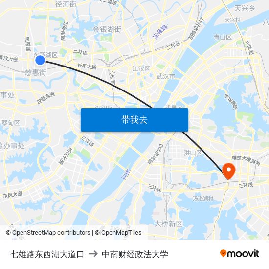 七雄路东西湖大道口 to 中南财经政法大学 map