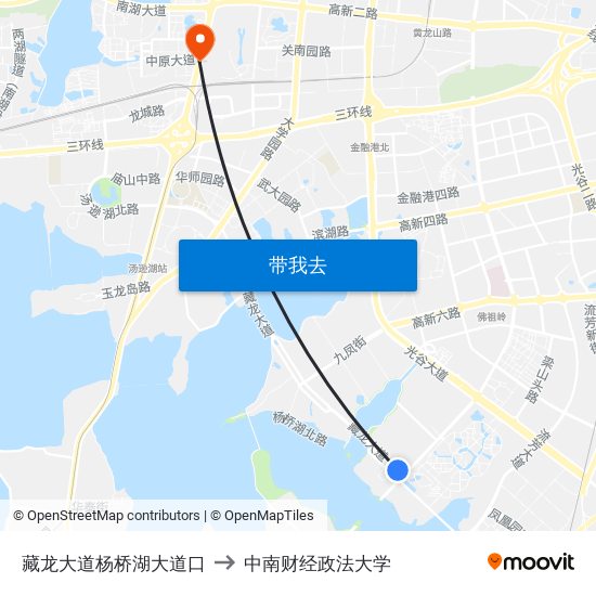 藏龙大道杨桥湖大道口 to 中南财经政法大学 map