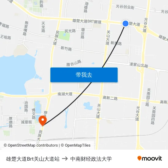 雄楚大道Brt关山大道站 to 中南财经政法大学 map