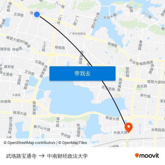 武珞路宝通寺 to 中南财经政法大学 map