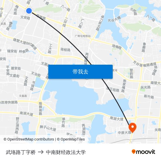 武珞路丁字桥 to 中南财经政法大学 map
