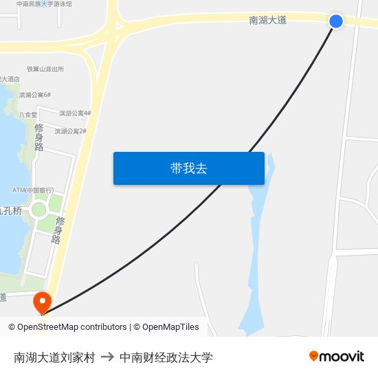南湖大道刘家村 to 中南财经政法大学 map