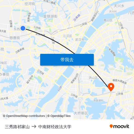 三秀路祁家山 to 中南财经政法大学 map