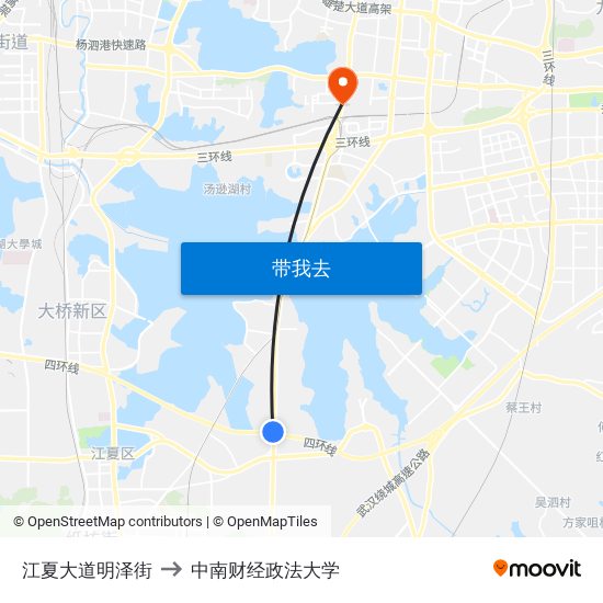 江夏大道明泽街 to 中南财经政法大学 map