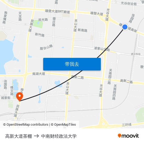 高新大道茶棚 to 中南财经政法大学 map