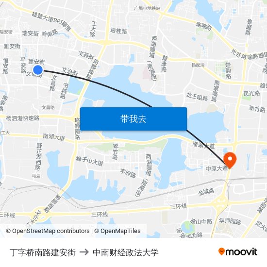 丁字桥南路建安街 to 中南财经政法大学 map