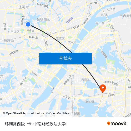 环湖路西段 to 中南财经政法大学 map