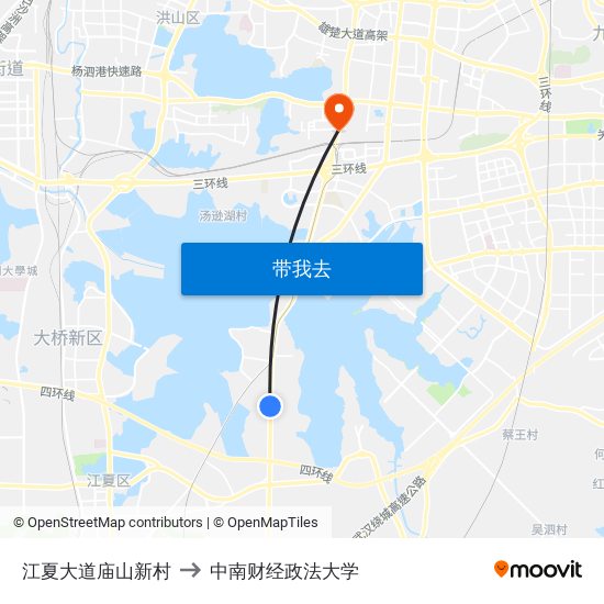 江夏大道庙山新村 to 中南财经政法大学 map