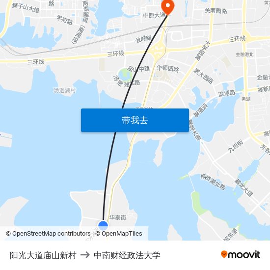 阳光大道庙山新村 to 中南财经政法大学 map