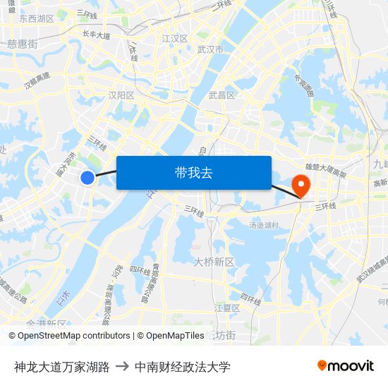 神龙大道万家湖路 to 中南财经政法大学 map