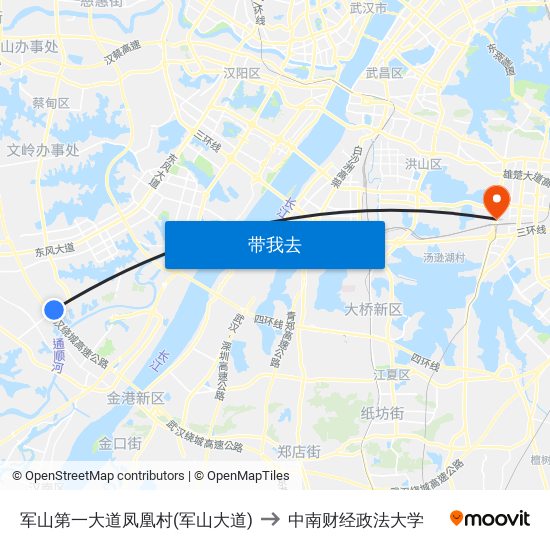 军山第一大道凤凰村(军山大道) to 中南财经政法大学 map
