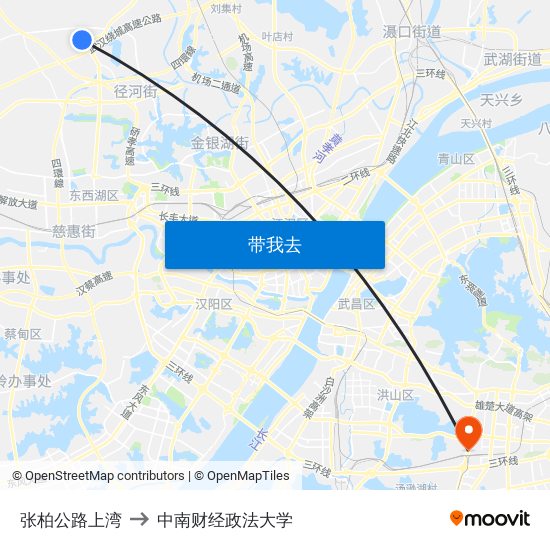 张柏公路上湾 to 中南财经政法大学 map