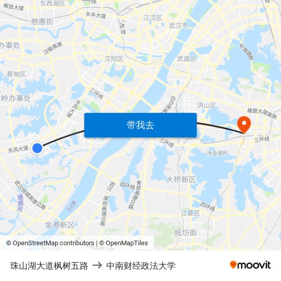 珠山湖大道枫树五路 to 中南财经政法大学 map