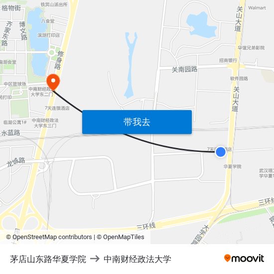 茅店山东路华夏学院 to 中南财经政法大学 map