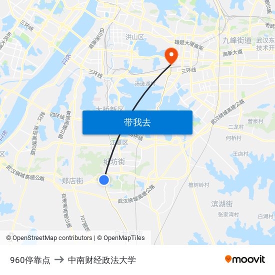 960停靠点 to 中南财经政法大学 map