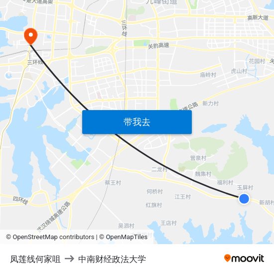 凤莲线何家咀 to 中南财经政法大学 map