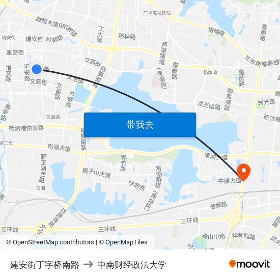 建安街丁字桥南路 to 中南财经政法大学 map