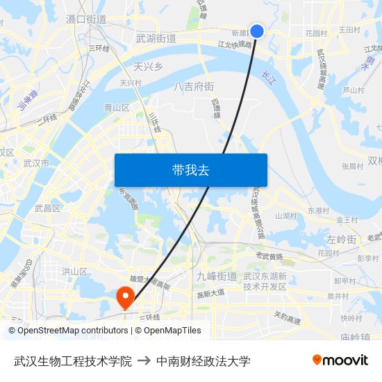 武汉生物工程技术学院 to 中南财经政法大学 map