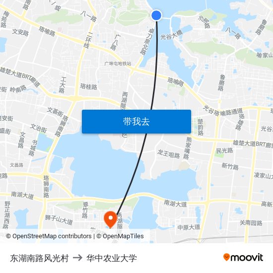 东湖南路风光村 to 华中农业大学 map