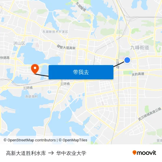 高新大道胜利水库 to 华中农业大学 map