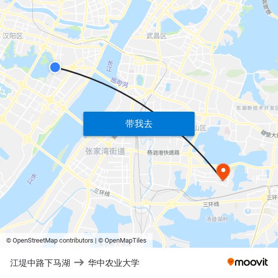 江堤中路下马湖 to 华中农业大学 map
