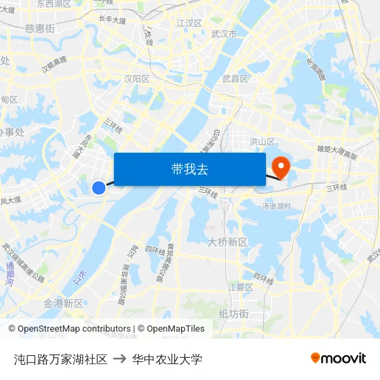 沌口路万家湖社区 to 华中农业大学 map