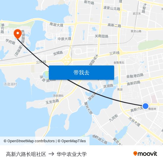 高新六路长咀社区 to 华中农业大学 map