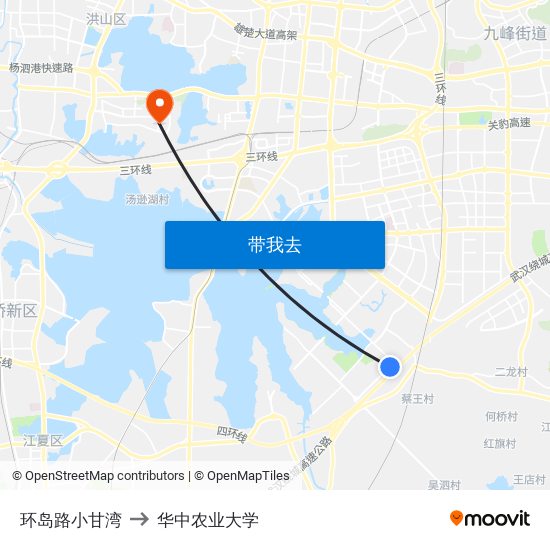 环岛路小甘湾 to 华中农业大学 map