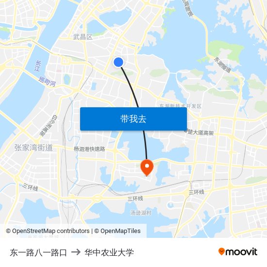 东一路八一路口 to 华中农业大学 map