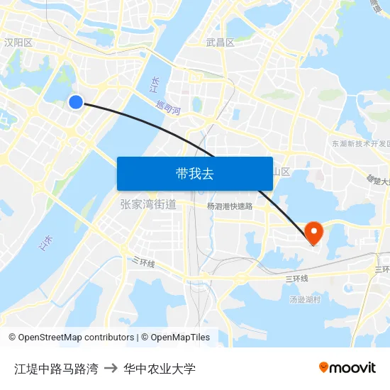 江堤中路马路湾 to 华中农业大学 map