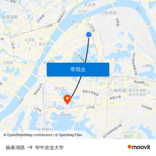 杨春湖路 to 华中农业大学 map