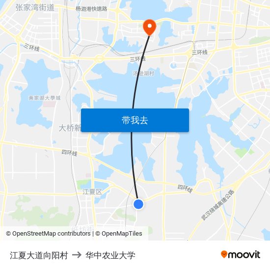 江夏大道向阳村 to 华中农业大学 map