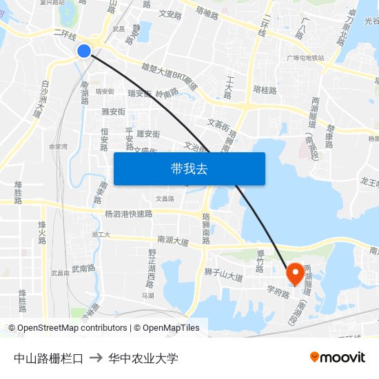 中山路栅栏口 to 华中农业大学 map