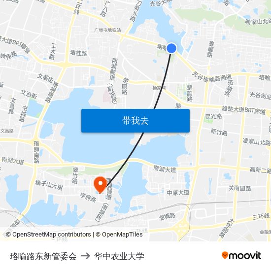 珞喻路东新管委会 to 华中农业大学 map