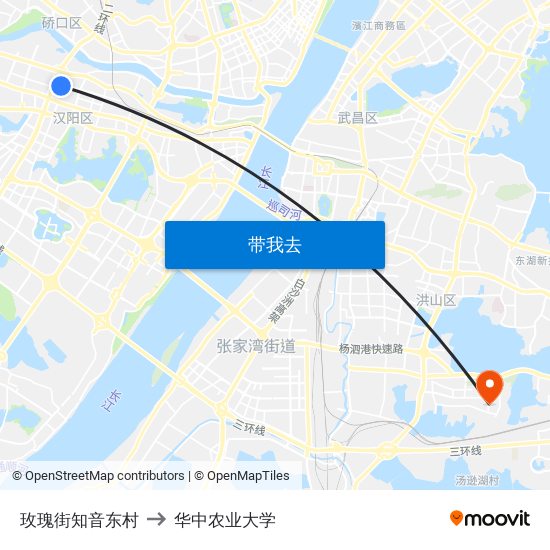 玫瑰街知音东村 to 华中农业大学 map