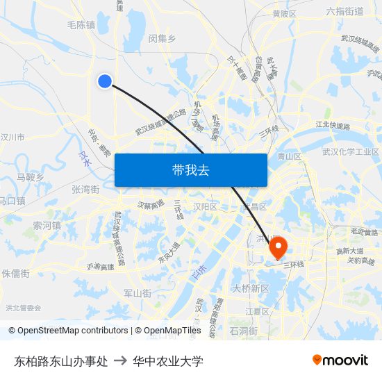 东柏路东山办事处 to 华中农业大学 map