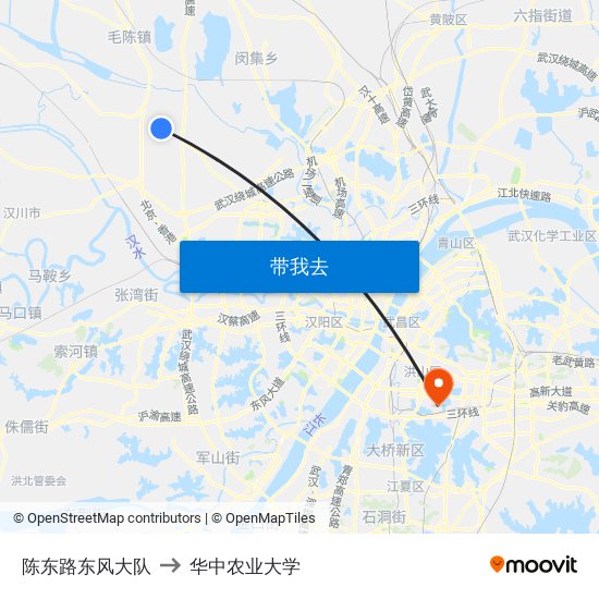 陈东路东风大队 to 华中农业大学 map