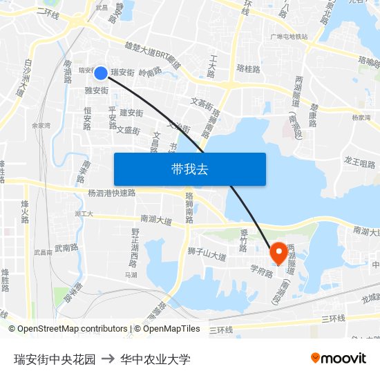 瑞安街中央花园 to 华中农业大学 map