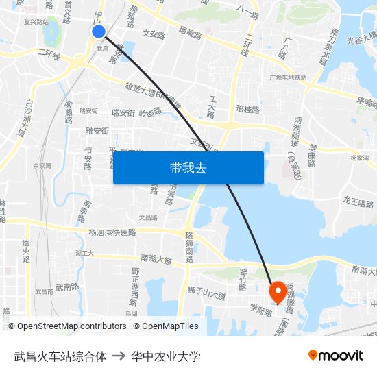 武昌火车站综合体 to 华中农业大学 map