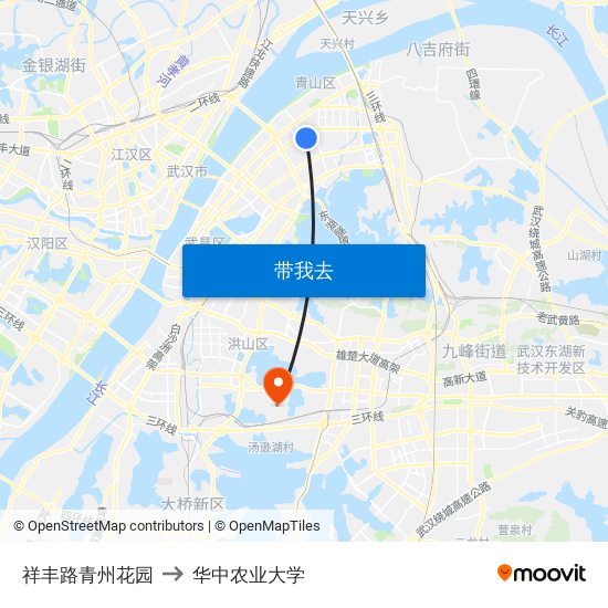 祥丰路青州花园 to 华中农业大学 map