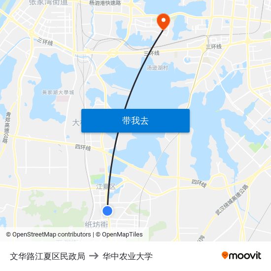 文华路江夏区民政局 to 华中农业大学 map