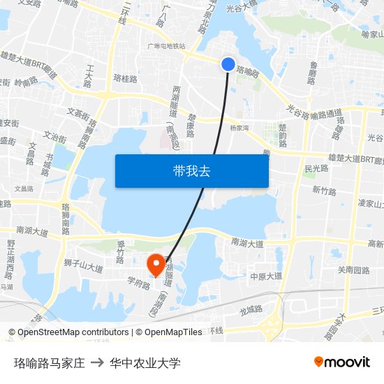 珞喻路马家庄 to 华中农业大学 map